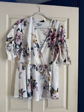 City Chic White Floral Wrap Top with Pink & Yellow Blooms